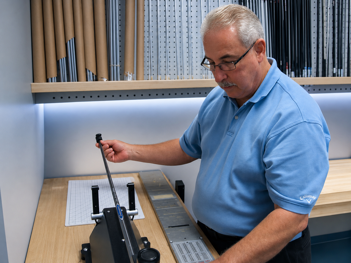 Technician working on golf club alignment equipment
